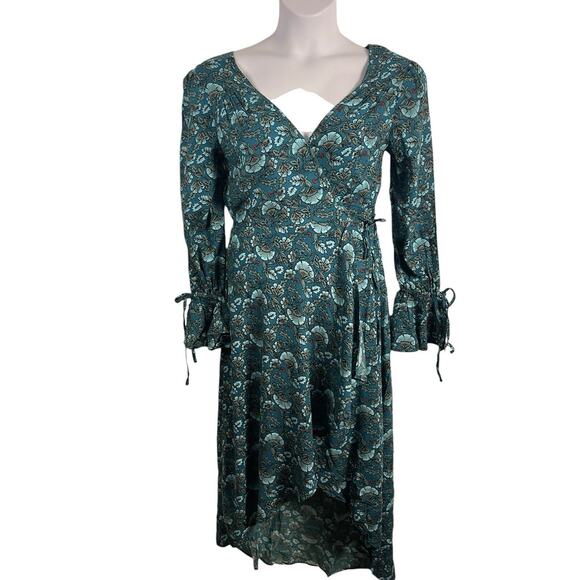 BAND OF THE FREE Women S Jewel Teal Dress Floral Wrap Tie Side Bell Cuff Hi Lo - Picture 2 of 13